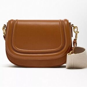 Zara Leather Saddle Crossbody Bag in Cognac and Black